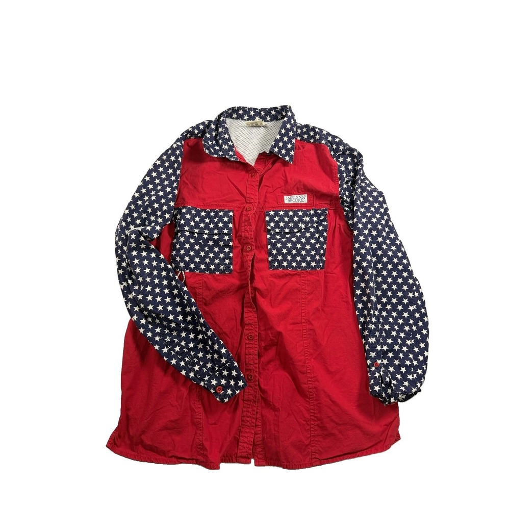 Jadelynn Brooke Womens M Red White Blue Stars Patriotic Fishing Shirt UV PFG